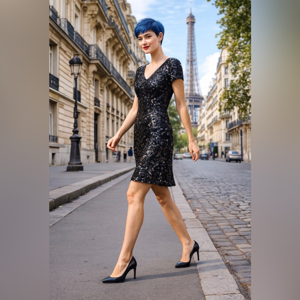 MANER Black Sequin V-Neck Mini Dress Size S